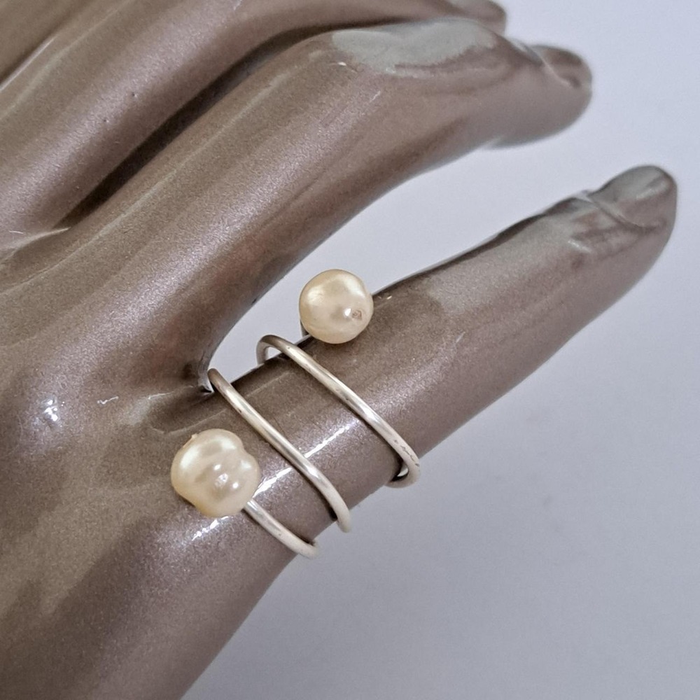 Handmade Silver Freshwater Pearl Spiral Bypass Wrap Ring Cream Triple Band
